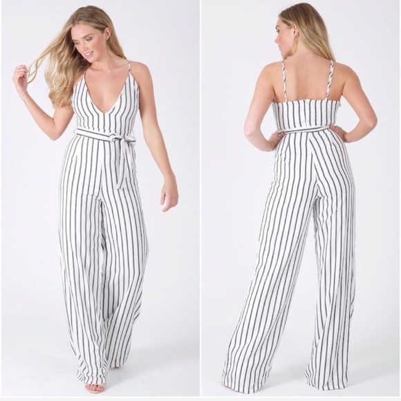 🆕Emma White / Black Pinstripe Wide Leg Jumpsuit - Picture 3 of 5